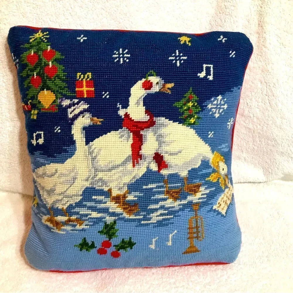 Steinway Vtg Christmas Needlepoint Geese Throw Pillow
